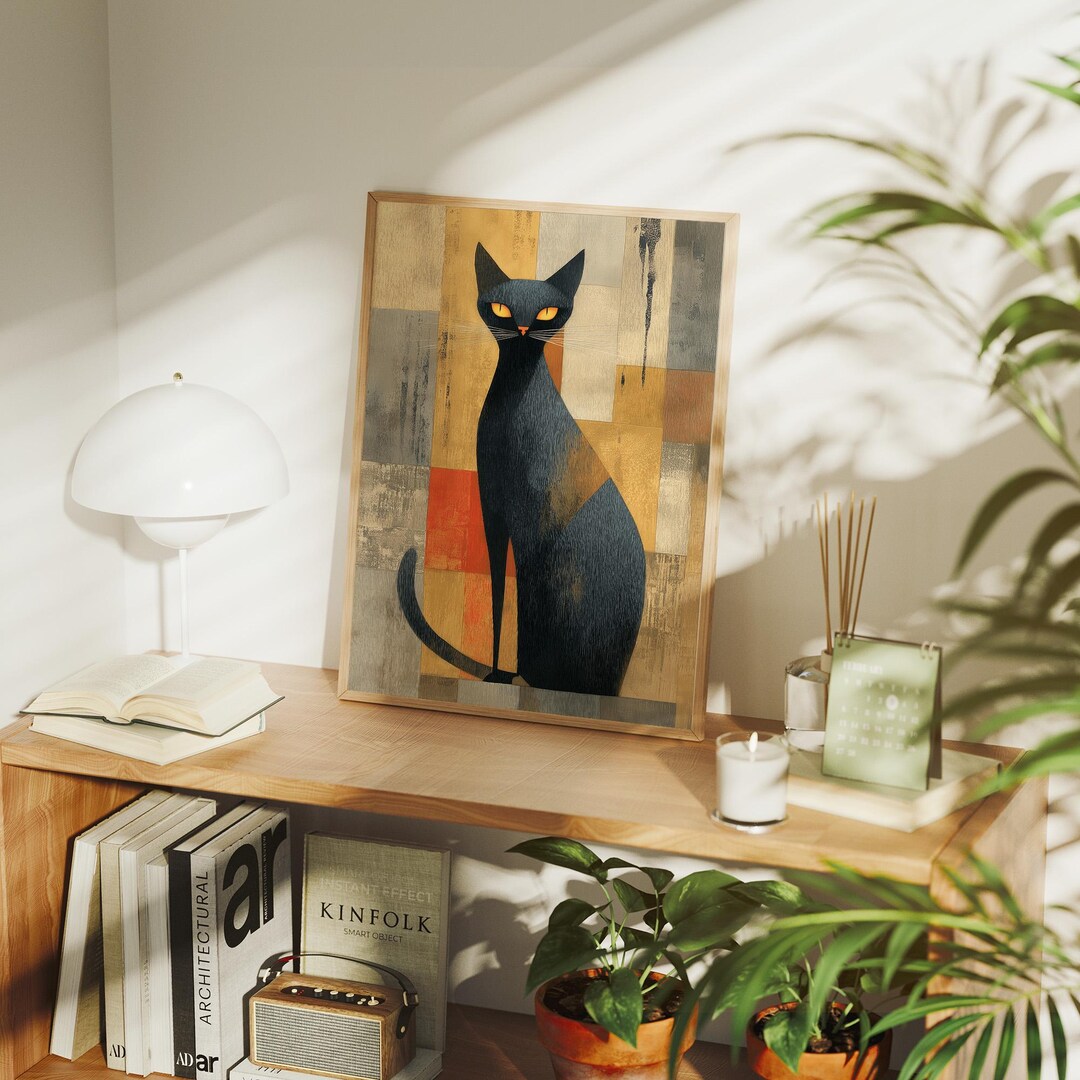 Mid Century Black Cat Wall Art - Etsy