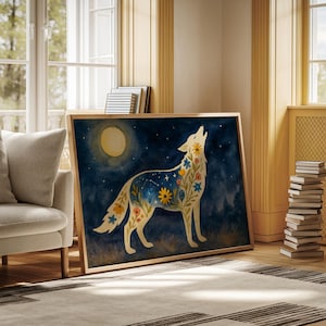 Celestial Floral Wolf Canvas Art - Mondnachthimmel Wanddekoration mit Sternbild und botanischem Design