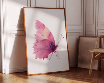 Pink Butterfly Wall Art Print, Watercolor Insect Illustration, Feminine Floral Nursery Decor, Modern Minimal Nature Wall Poster
