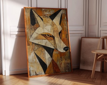 Geometrische canvas muurkunst vos – Abstract oranje en neutrale tinten moderne dierenschilderij voor interieur rustiek bos
