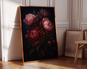 Vintage canvas muurkunst pioenroos – Botanische donkere bloemenprint met rode en roze bloemen voor elegant interieur