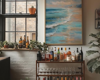 Dipinto su tela raffigurante una spiaggia costiera, decorazione murale con onde oceaniche in tenui colori pastello, stampa di un paesaggio costiero sereno per decorazioni di case costiere, nautiche e sulla spiaggia.