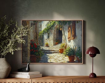 Rustiek mediterraan dorpsdoek, stenen steegje muurkunst, Toscane bloemenstraatprint, Europees interieur, warme Italiaanse schilderkunst
