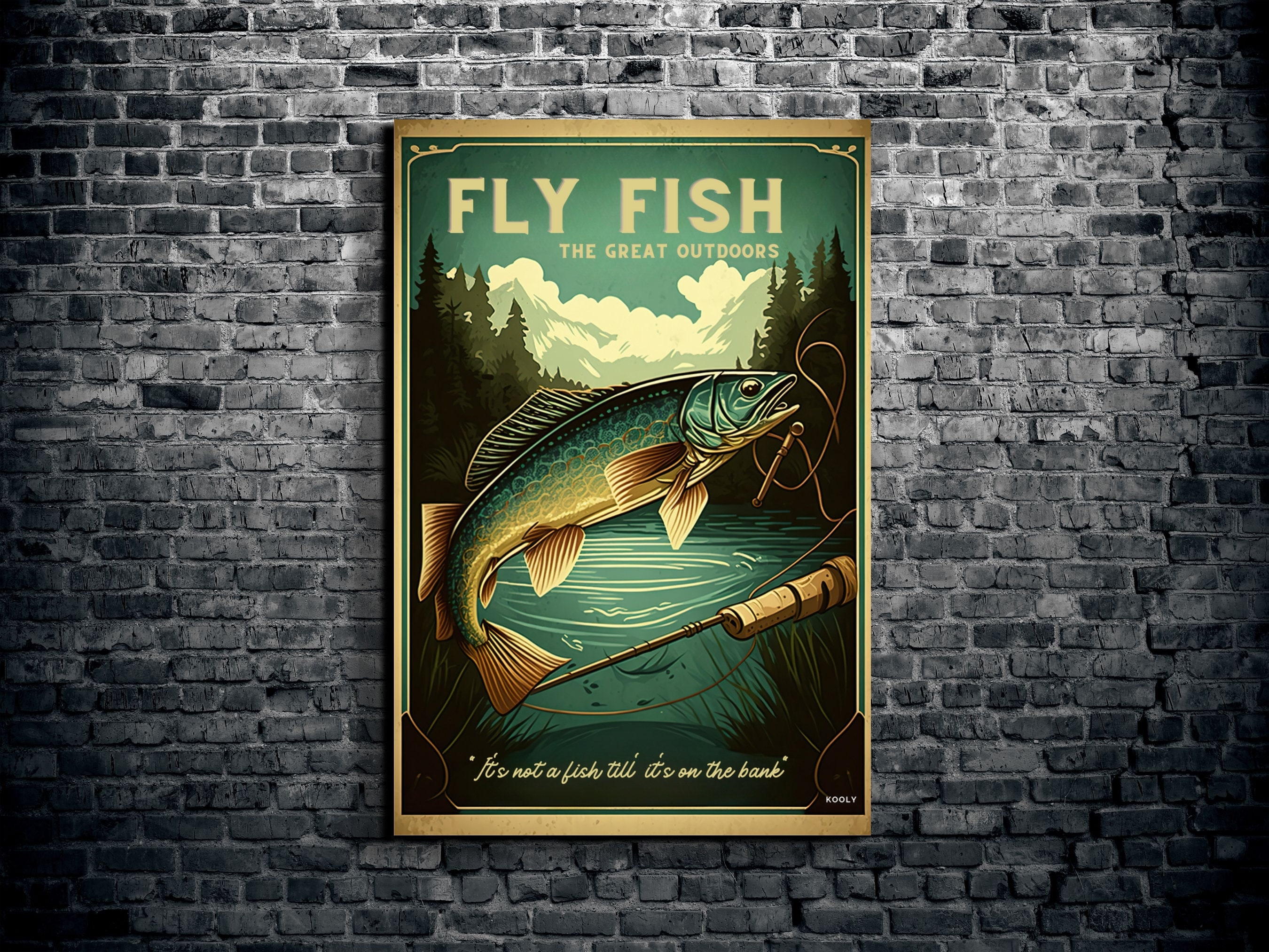 Vintage Fly Fishing Wall Art Canvas Retro Fishing Print Travel Poster,  Sports, Home Art, Wall Art, Gift for Him, Dad Gift, Koolyart 