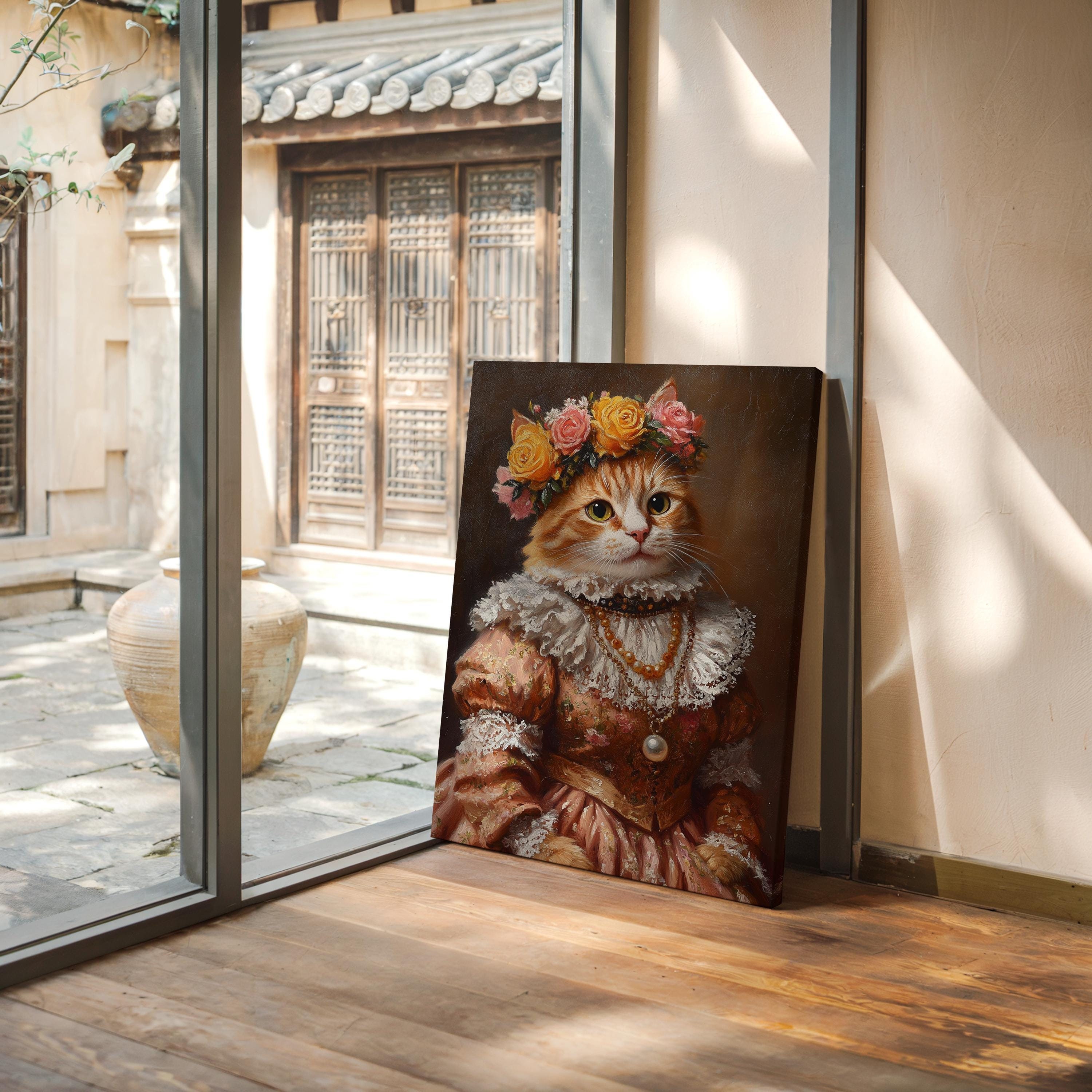 ビクトリア朝の衣装を着た高貴な猫の肖像画 - エレガントなレースの