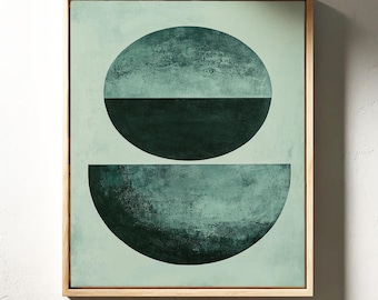 May include: Abstract art print featuring two overlapping teal shapes on a light green background, framed in natural wood. The upper shape is a full circle, bisected horizontally. The lower shape is a semi-circle.