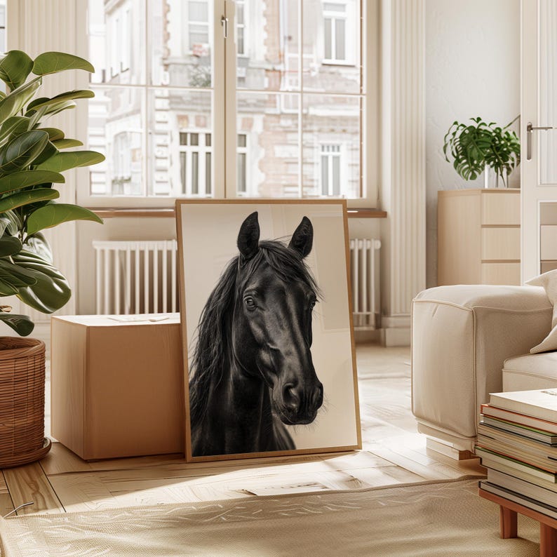 May include: A framed art print featuring a detailed black and white portrait of a horse's head. The artwork is displayed in a light-colored wooden frame, leaning against a neutral-toned wall. The horse's dark mane and features are sharply contrasted.