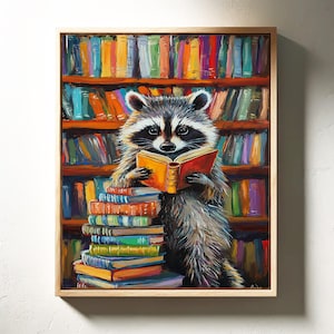 Lienzo de mapache leyendo caprichoso / Arte de pared para amantes de los libros de la biblioteca / Decoración animal vibrante / Arte divertido para el hogar o la habitación de los niños