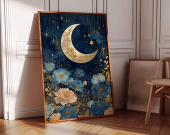 May include: A framed art print depicting a crescent moon and stars set against a dark blue backdrop. The artwork incorporates blue and peach floral details at the base. The frame is a warm brown, enhancing the overall visual appeal.
