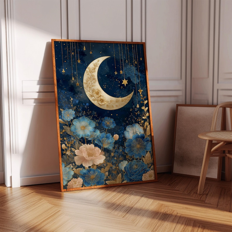 Elegant crescent moon canvas wall art with golden stars and blue florals, bringing celestial magic and boho charm to your home. Perfect for bedrooms, meditation spaces, or gallery walls. A dreamy night sky artwork for celestial décor lovers.
