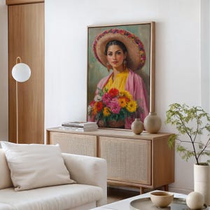 Mexicaans vrouwenportret - kleurrijke sombrero, levendig bloemenboeket, traditionele Mexicaanse kunstschilderij voor culturele muurdecoratie afbeelding 3
