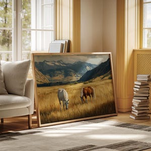 Western Horse Canvas Wall Art, Rustic Farmhouse Decor, Wild Horses in Mountain Field, Country Ranch Painting, Vintage Equestrian Print