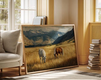 Arte murale su tela raffigurante un cavallo western, decorazione rustica da fattoria, cavalli selvaggi in un campo di montagna, dipinto di un ranch di campagna, stampa equestre vintage