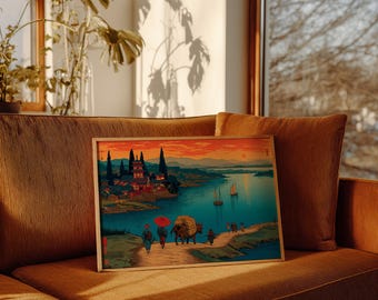 Japanese Riverside Village Sunset Canvas, Traditional Ukiyo-e Inspired Landscape Print, Boats, Travelers, Vintage Asian Wall Art Decor