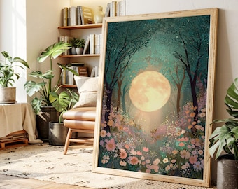 Lienzo decorativo de bosque encantado iluminado por la luna, luna llena brillante con flores silvestres y un cielo nocturno mágico, decoración natural caprichosa.