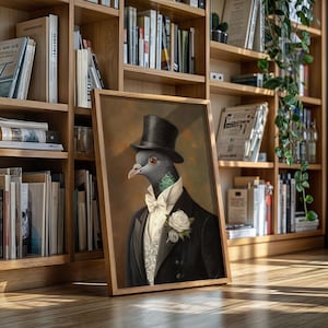 Dapper Pigeon in Tuxedo and Top Hat Wall Art – Whimsical Victorian Animal Portrait Canvas for Eclectic, Classy, or Steampunk Decor