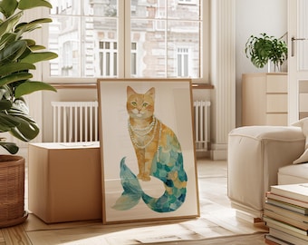 Mermaid Cat with Pearls Fantasy Art