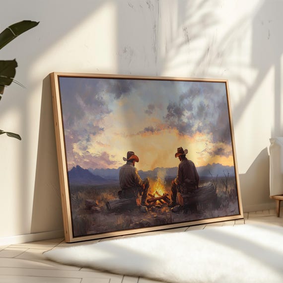 Cowboys Campfire Sunset - Western Canvas Art, Rustic Ranch Decor, Wild West Painting, Cowboy Wall Art, Country Farmhouse Print