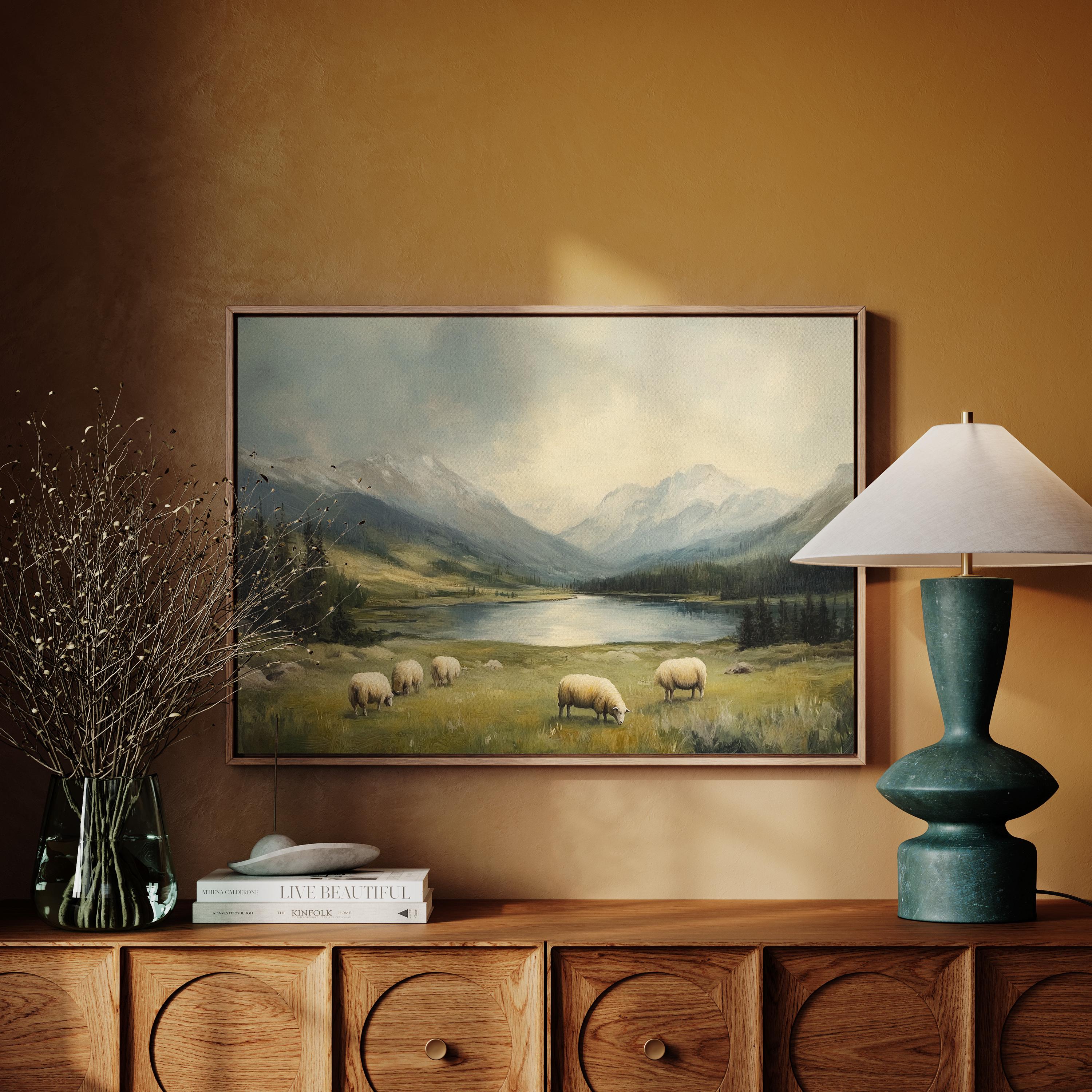 Serene Sheep in Mountain Meadow - Peaceful Landscape Canvas Wall Art ...