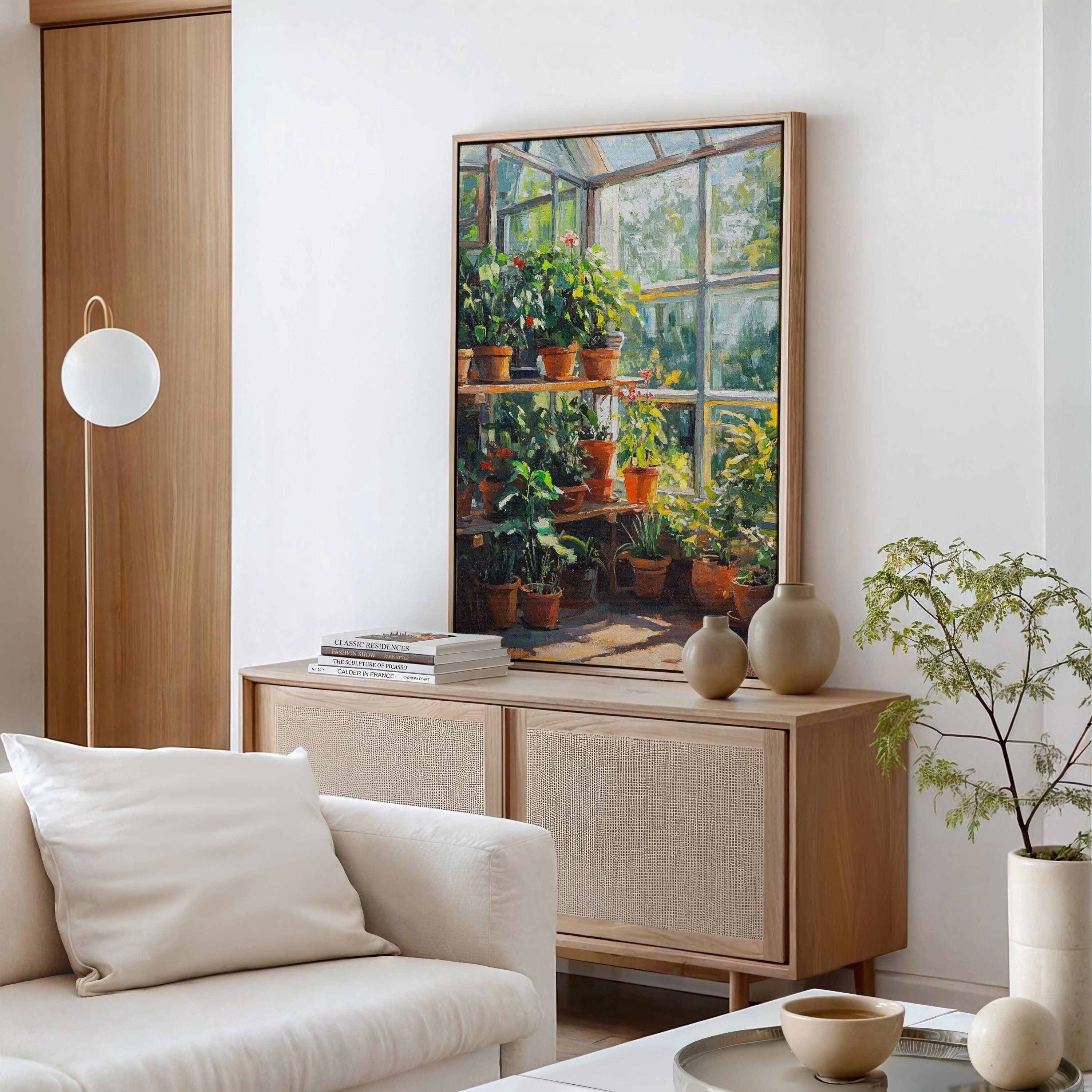 Sunlit Greenhouse with Potted Plants | Botanical Wall Art | Vibrant Nature Painting | Lush Indoor Garden Decor | Plant Lover Gift