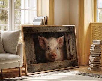 Lienzo decorativo de cerdito: estampado de animales de granja con marco de madera rústica para decoración de guardería o cocina de estilo rústico.