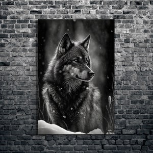 Black Wolf Sitting In The Snow Wall Canvas, Wolf Charcoal Style Wall Art, Wolf In The Forest Large Canvas 1.5&quot;