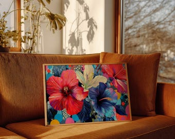 Vibrant Hibiscus Flower Canvas Wall Art, Colorful Tropical Floral Print, Modern Botanical Artwork for Living Room, Bold Boho Home Decor