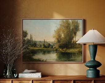 Vintage River Landscape Canvas – Peaceful Trees & Reflections Wall Art, Tranquil Nature Scene for Farmhouse, Rustic, or Cottage Decor