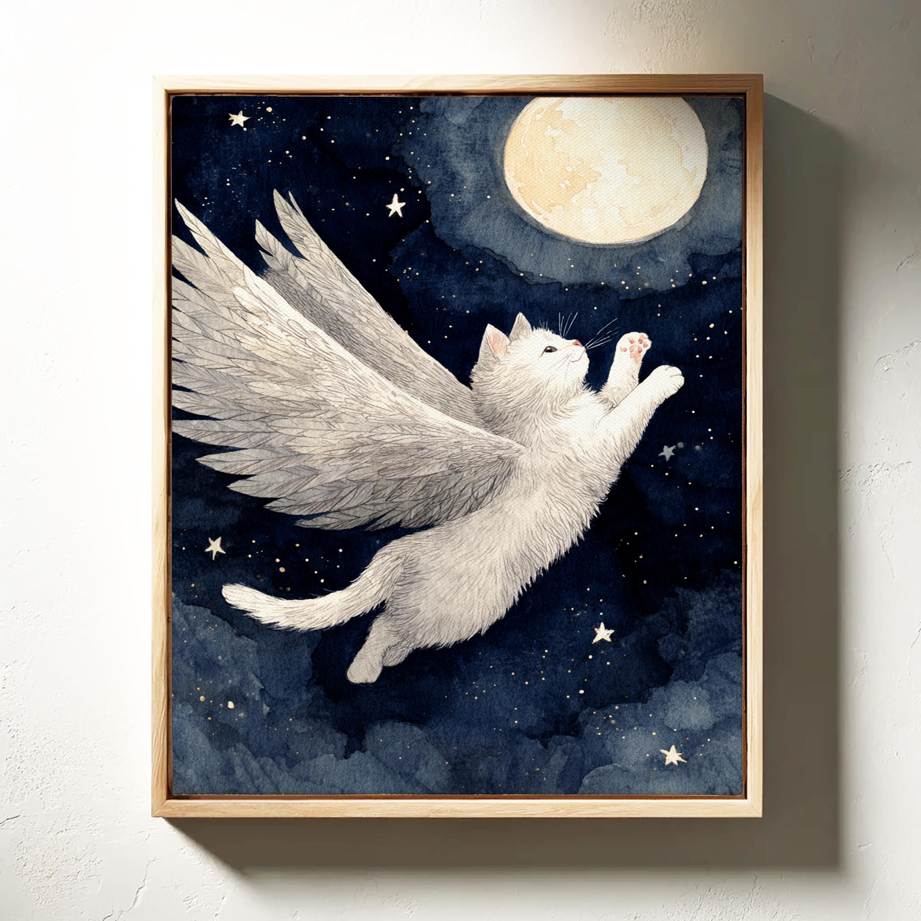 日本画『月』猫と月　M50号 満月の下を飛ぶ天使猫 - Etsy 日本