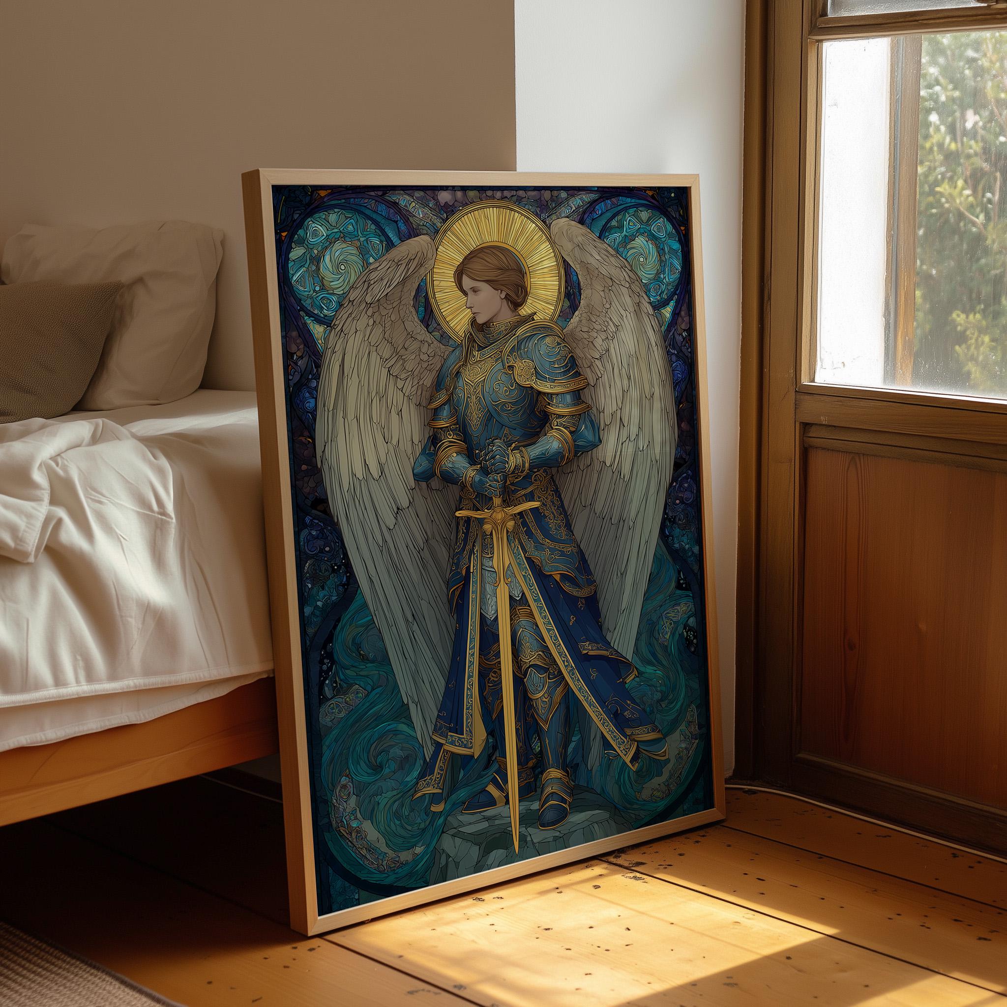 青と金の鎧をまとった大天使ミカエルの神聖な芸術 - Etsy 日本
