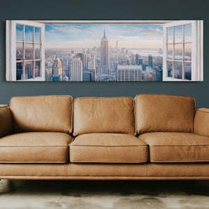 New York City Window View Canvas, Empire State Building Skyline Art, NYC Urban Wall Decor, Modern Cityscape Print, Large City Artwork