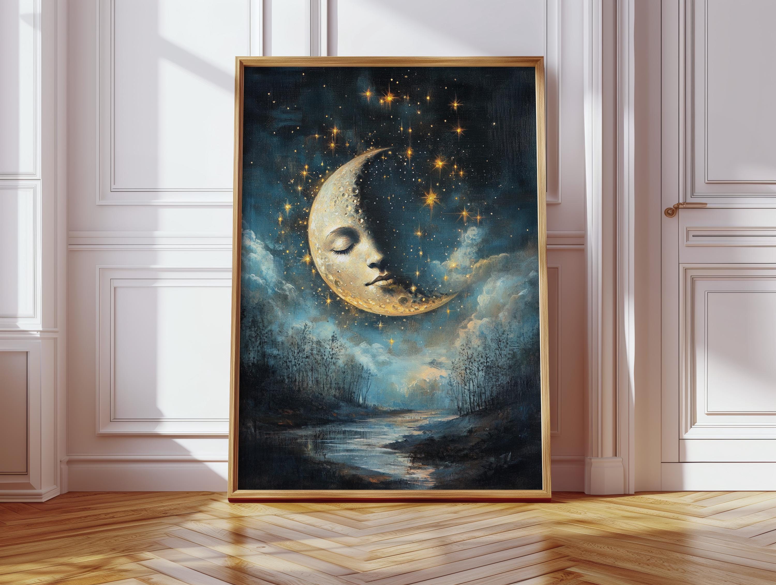 Surreal Moon Face Canvas – Dreamy Crescent Moon With Stars