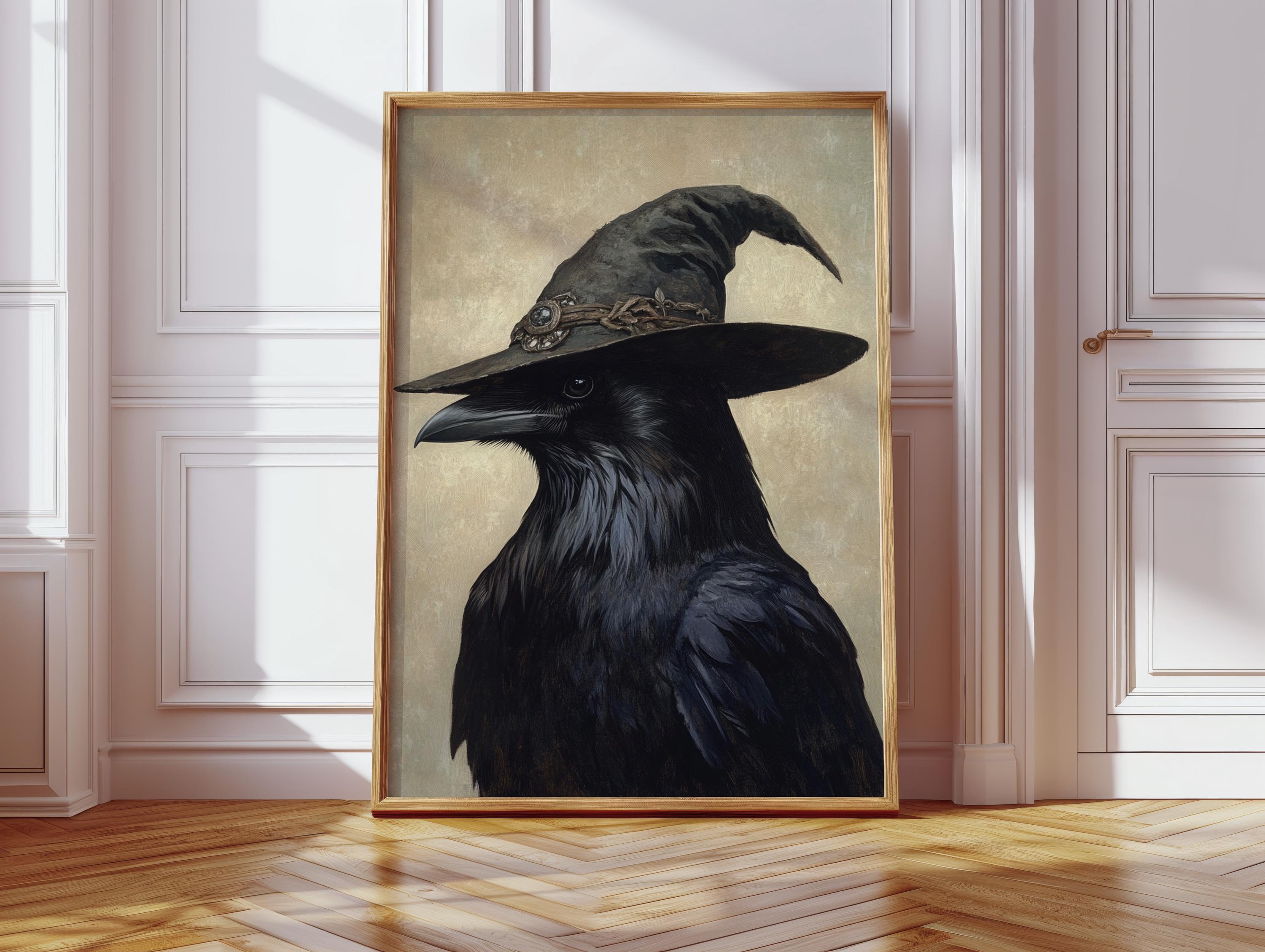 魔法の帽子をかぶった魔女カラス｜ゴシックハロウィンカラスの肖像画