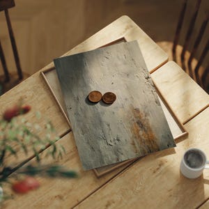 Op de afbeelding: Een houten tafel met een dienblad met een gestructureerd, abstract kunstwerk in grijstinten en bruin. Twee kleine, ronde, bruine objecten liggen op het kunstwerk. Een kopje koffie staat op de tafel.