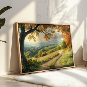 Goldene Herbstlandschaft Leinwand Wandkunst - Serene Country Road und sanfte Hügel, Natur inspiriertes Landschaftskunstwerk für Home Decor