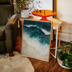 Textured Ocean Wave Canvas Wall Art Featuring Deep Teal Sea and Sandy Beach Shoreline for Modern Coastal or Beach House Decor