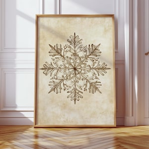 Vintage Snowflake Illustration – Detailed Snowflake Drawing on Rustic Background, Winter Canvas Art