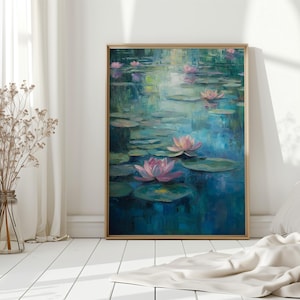 Tranquil Water Lilies Blooming on Serene Pond, Vintage Oil Painting of Soft Pink Lotus Flowers on Peaceful Water