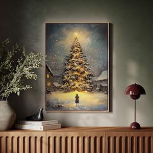 Encantadora arte em tela de árvore de Natal - Noite de inverno com neve, criança olhando para a árvore iluminada, decoração de parede de feriado