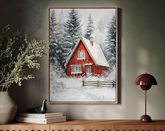 Cozy Red Cabin in Snowy Pine Forest – Winter Landscape Canvas Wall Art for Rustic Holiday & Christmas Home Decor