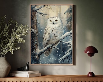 Snowy Owl Canvas Wall Art - Majestic Winter Wildlife Decor in Serene Forest Scene, Perfect for Rustic or Nature-Inspired Homes