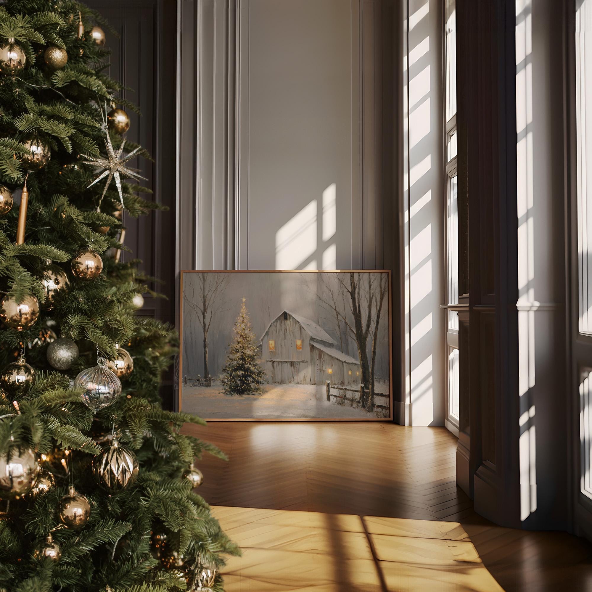 Rustic Barn Christmas Canvas Wall Art, Snowy Winter Farmhouse Scene ...