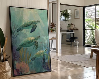 Sea Turtle Canvas Wall Art, Ocean Marine Life Painting, Underwater Coral Reef Decor, Coastal Sea Life Artwork for Beach Home