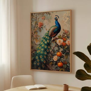 Vibrant Peacock Canvas Art – Exotic Bird with Lush Feathers & Floral Accents – Elegant Wall Decor for Nature Lovers
