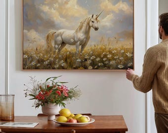 Lienzo decorativo para pared con un majestuoso unicornio en un prado de flores silvestres: decoración de fantasía de ensueño para la habitación de los niños o la guardería: póster de naturaleza caprichosa