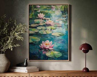 夕焼けの睡蓮 油絵：カラフルな水の反射アート、12x16インチ