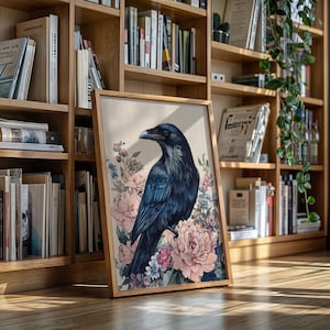 Elegant raven art print with peonies and vintage floral accents. Perfect gothic-inspired wall decor for nature lovers, bird fans, and moody homes.