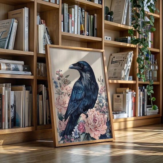 Raven Wall Art Print, Dark Bird with Peony Flowers Canvas, Gothic Floral Crow Decor, Moody Vintage Bird Artwork for Nature Lover’s Home