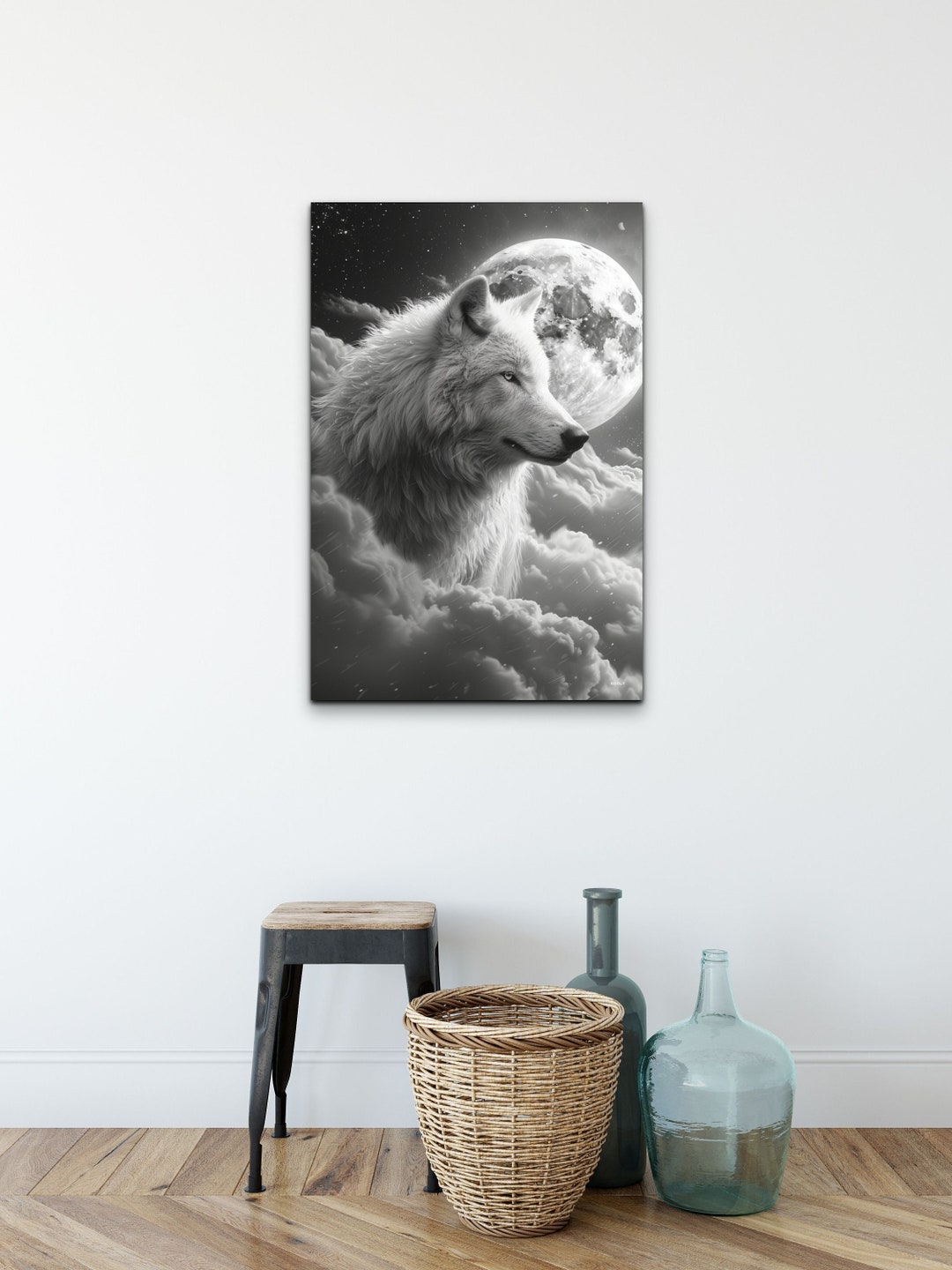 White Wolf Canvas Wall Art Print, Animal Canvas, Wolf With Moon and