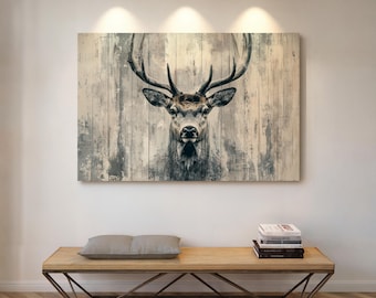 Rustic Deer Canvas Wall Art, Woodland Stag Painting, Farmhouse Animal Decor, Cabin Hunting Lodge Wall Art, Modern Nature Canvas Print